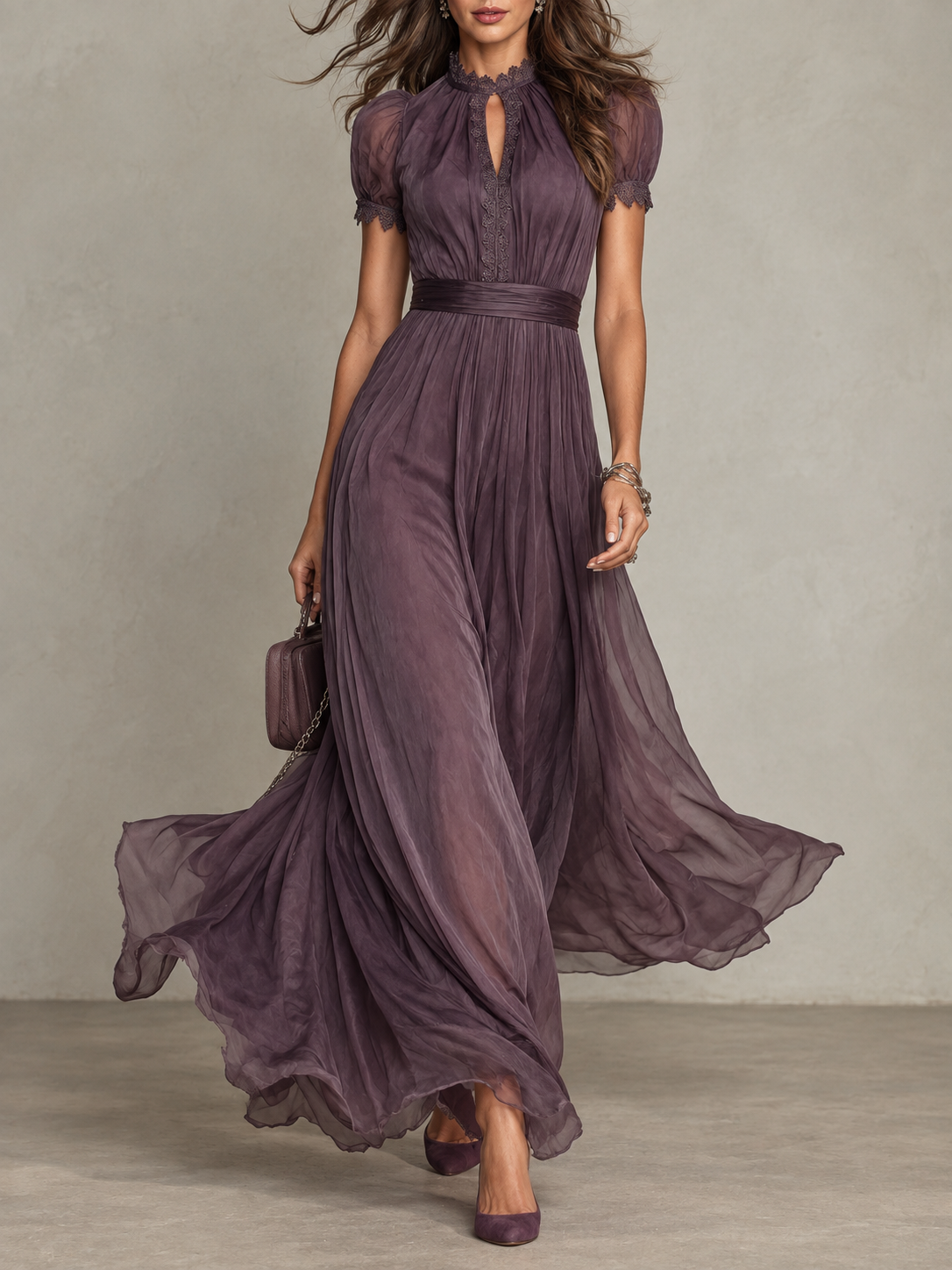 Evelyn | Pleated Puff-Sleeve Midi Dress