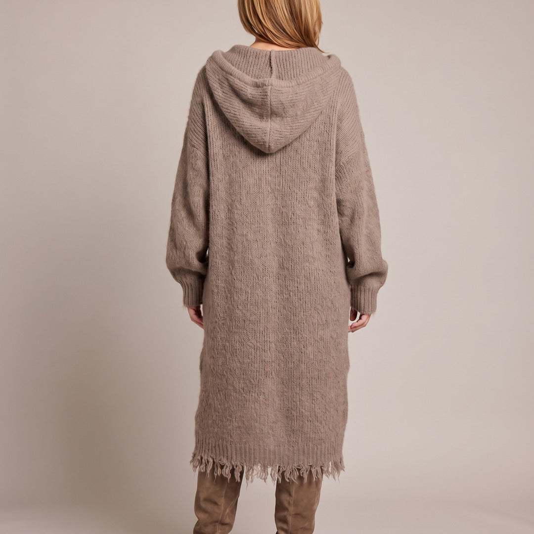 Elena hooded dress in taupe, back view with the hood up