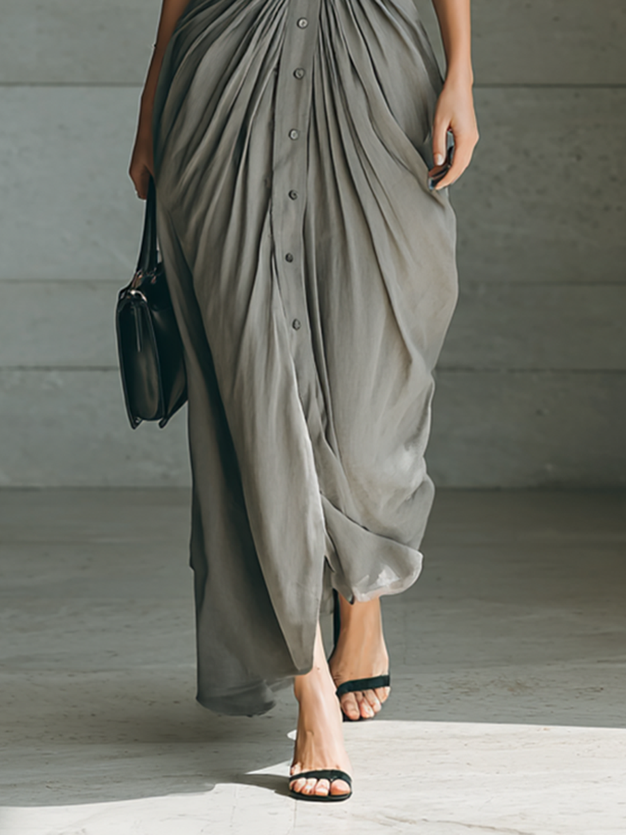 Cornelia | Long Pleated Dress with Lapel Collar