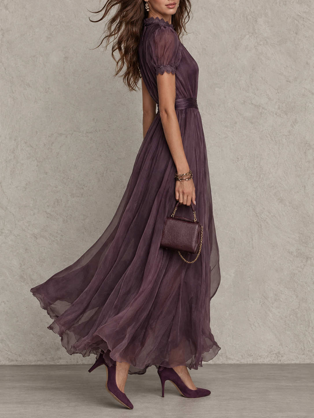 Evelyn | Pleated Puff-Sleeve Midi Dress