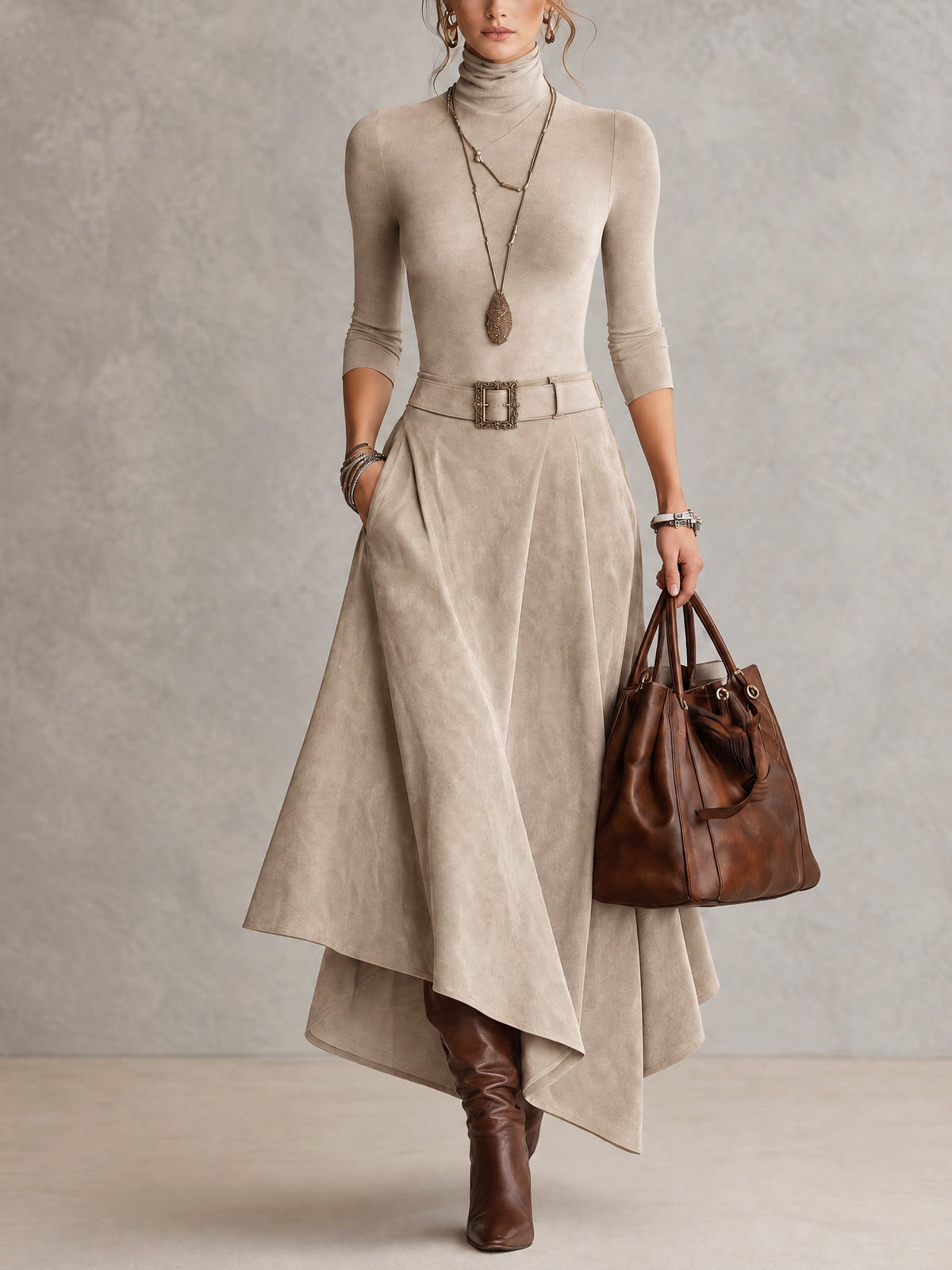 Celeste | Turtleneck Top and Asymmetric Skirt in Beige