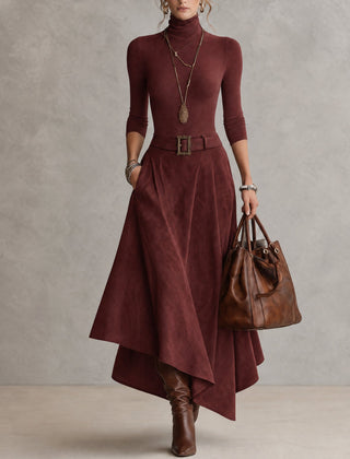 Celeste | Turtleneck Top and Asymmetric Skirt in Burgundy