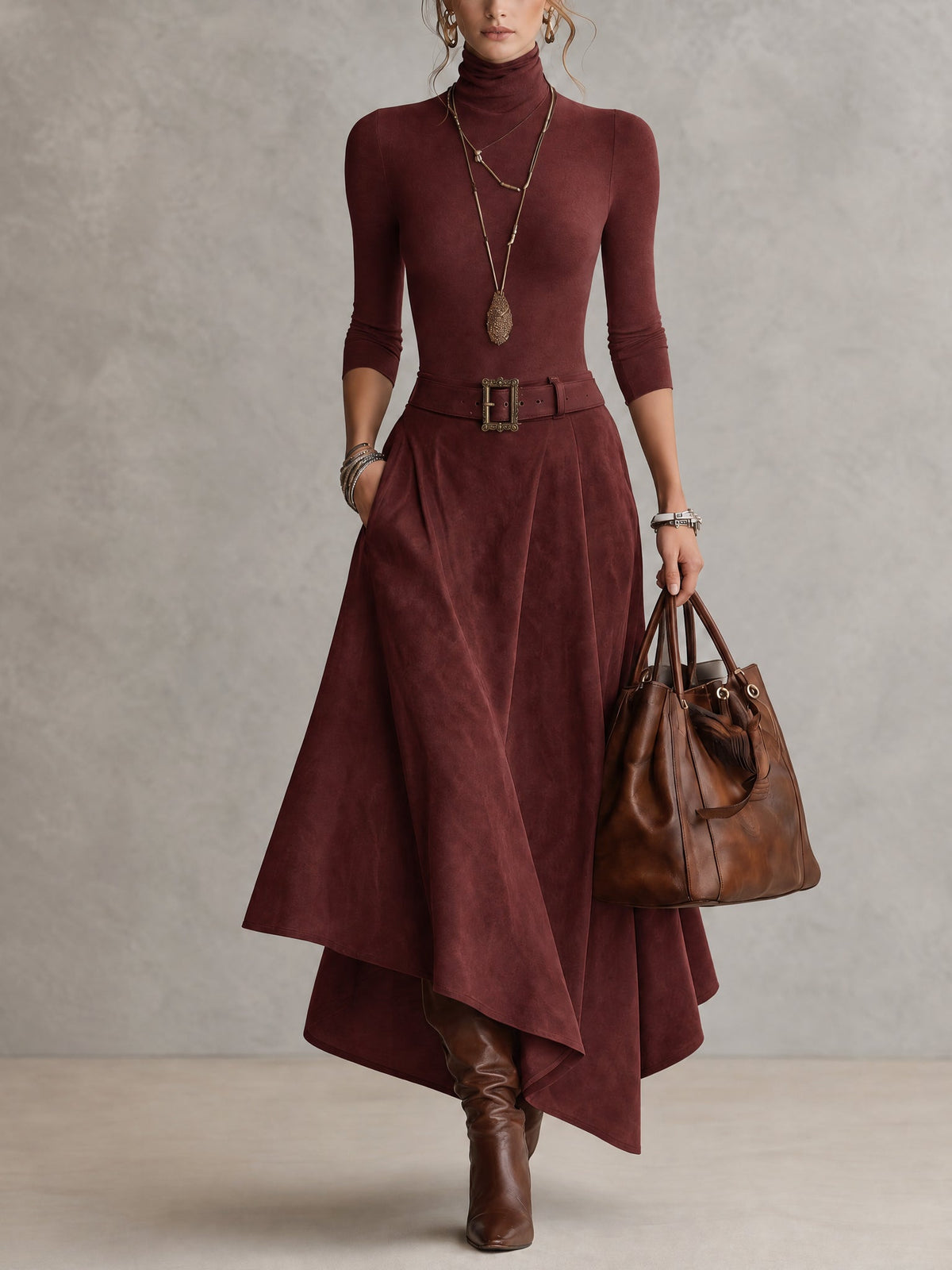 Celeste | Turtleneck Top and Asymmetric Skirt in Burgundy