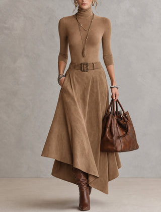 Celeste | Turtleneck Top and Asymmetric Skirt in Camel
