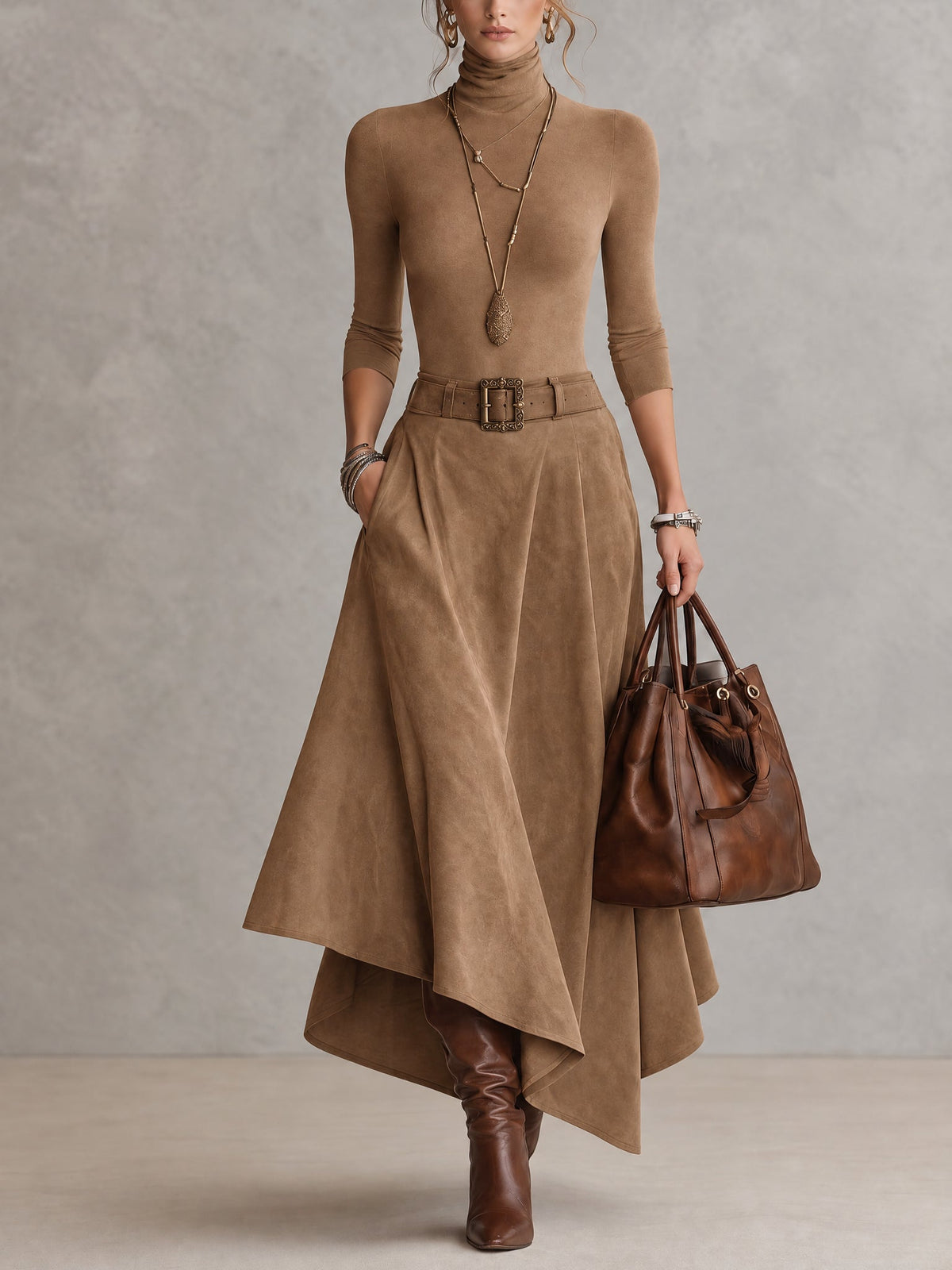Celeste | Turtleneck Top and Asymmetric Skirt in Camel