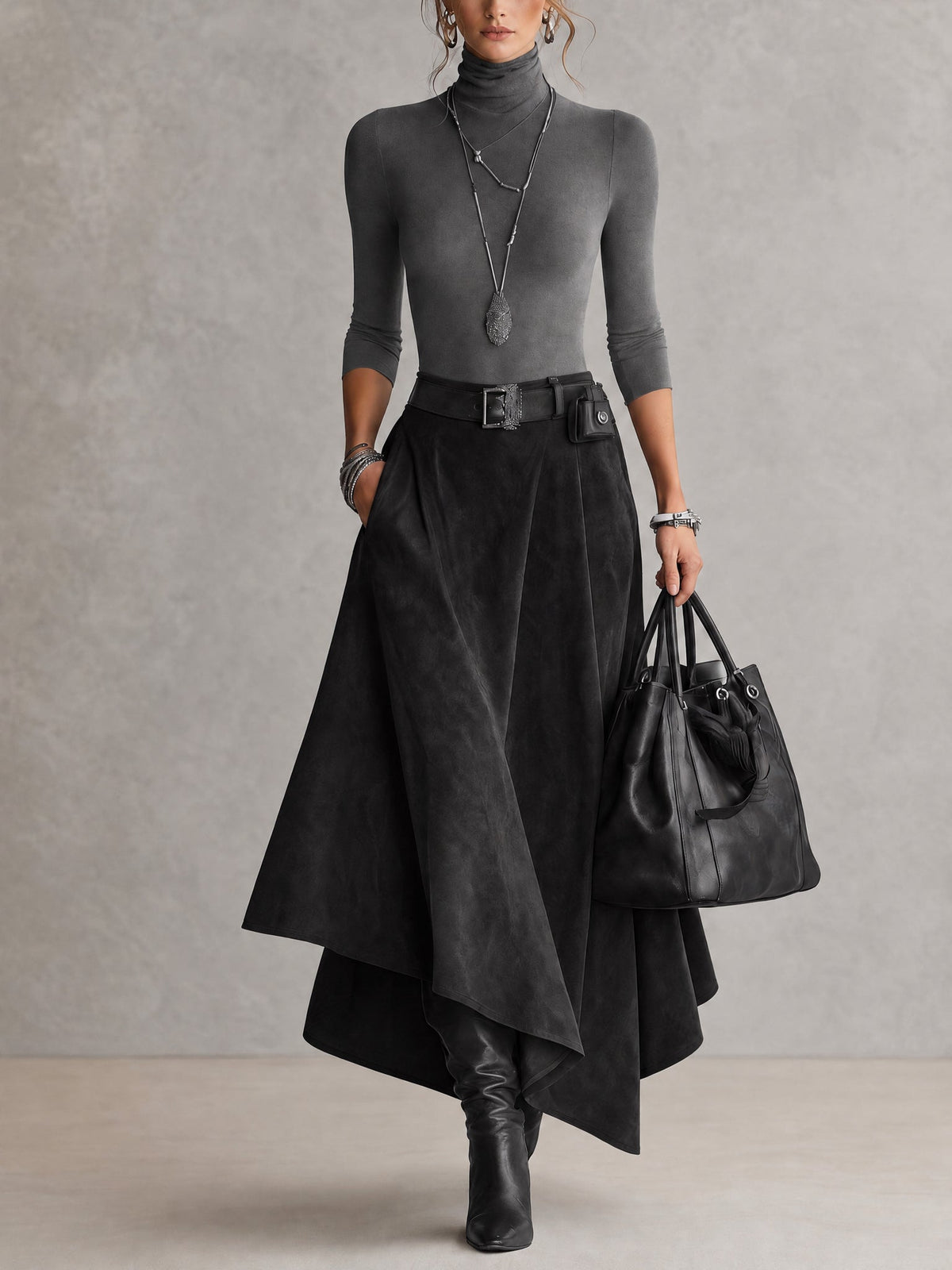 Celeste | Turtleneck Top and Asymmetric Skirt in Gray