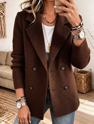 Carla double-breasted blazer with ribbed sleeves in Brown
