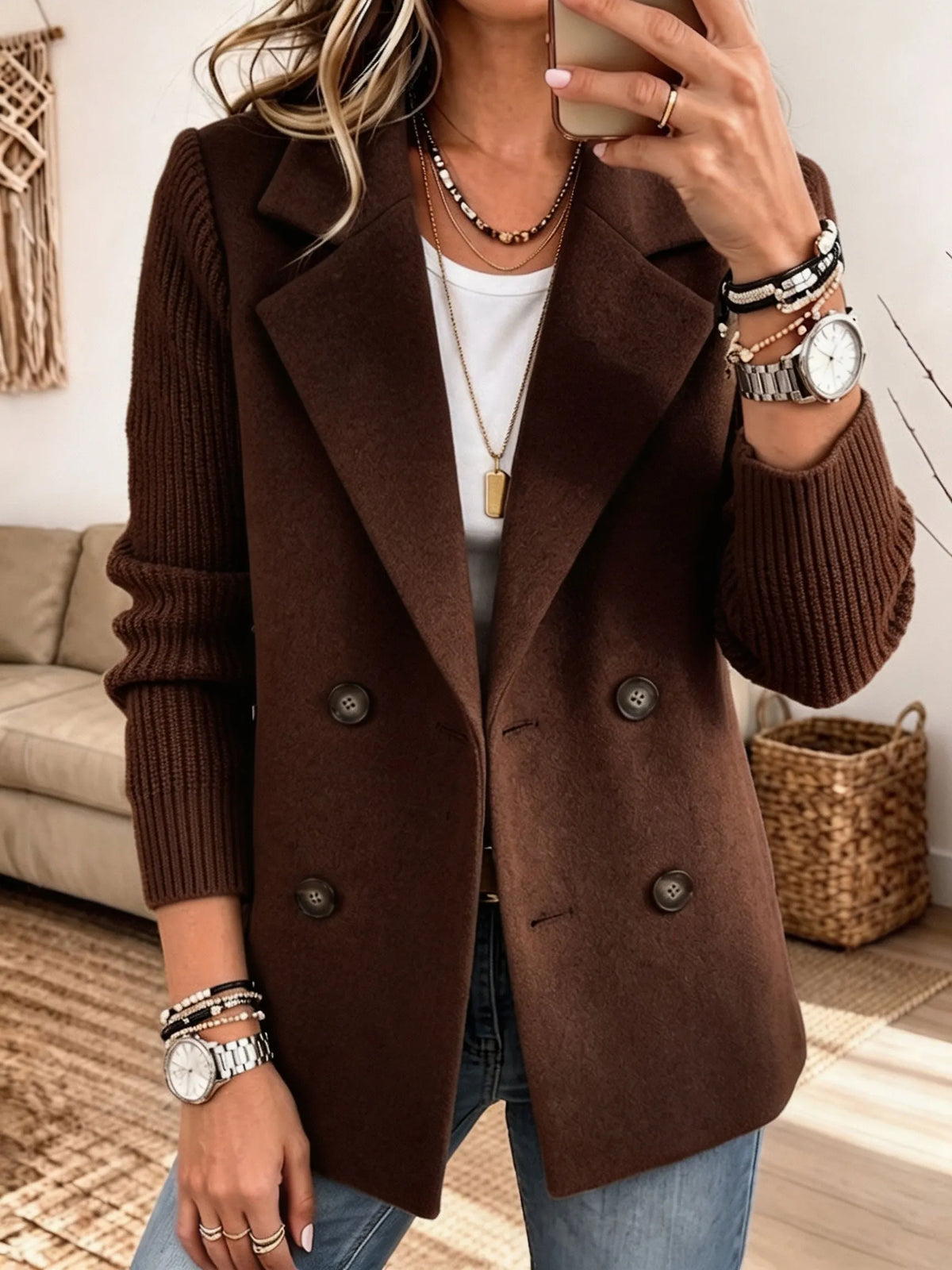Carla double-breasted blazer with ribbed sleeves in Brown