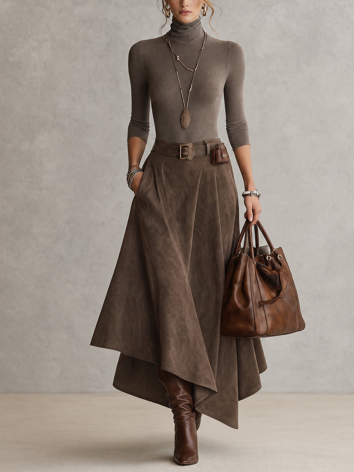 Celeste | Turtleneck Top and Asymmetric Skirt in Taupe