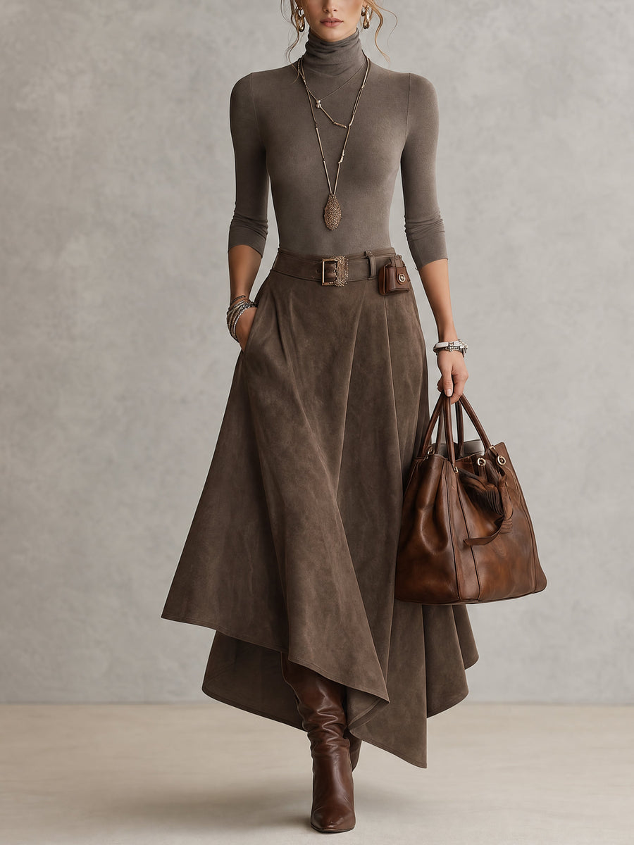 Celeste | Turtleneck Top and Asymmetric Skirt in Taupe