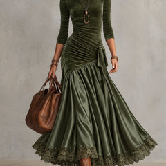 Sabina | Long Olive Green Dress with Scalloped Hem in Olive Green