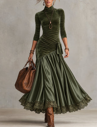 Sabina | Long Olive Green Dress with Scalloped Hem in Olive Green