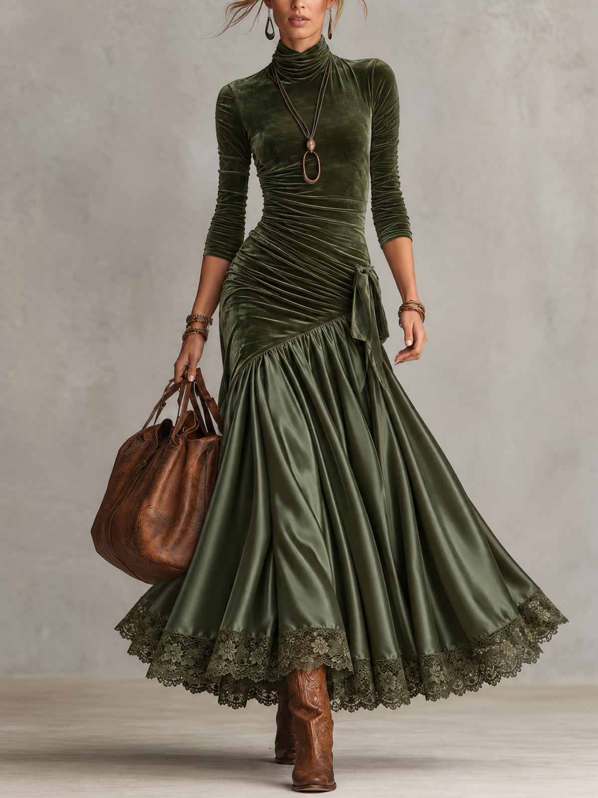 Sabina | Long Olive Green Dress with Scalloped Hem in Olive Green
