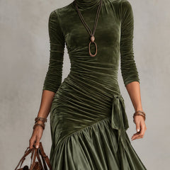 Sabina | Long Olive Green Dress with Scalloped Hem