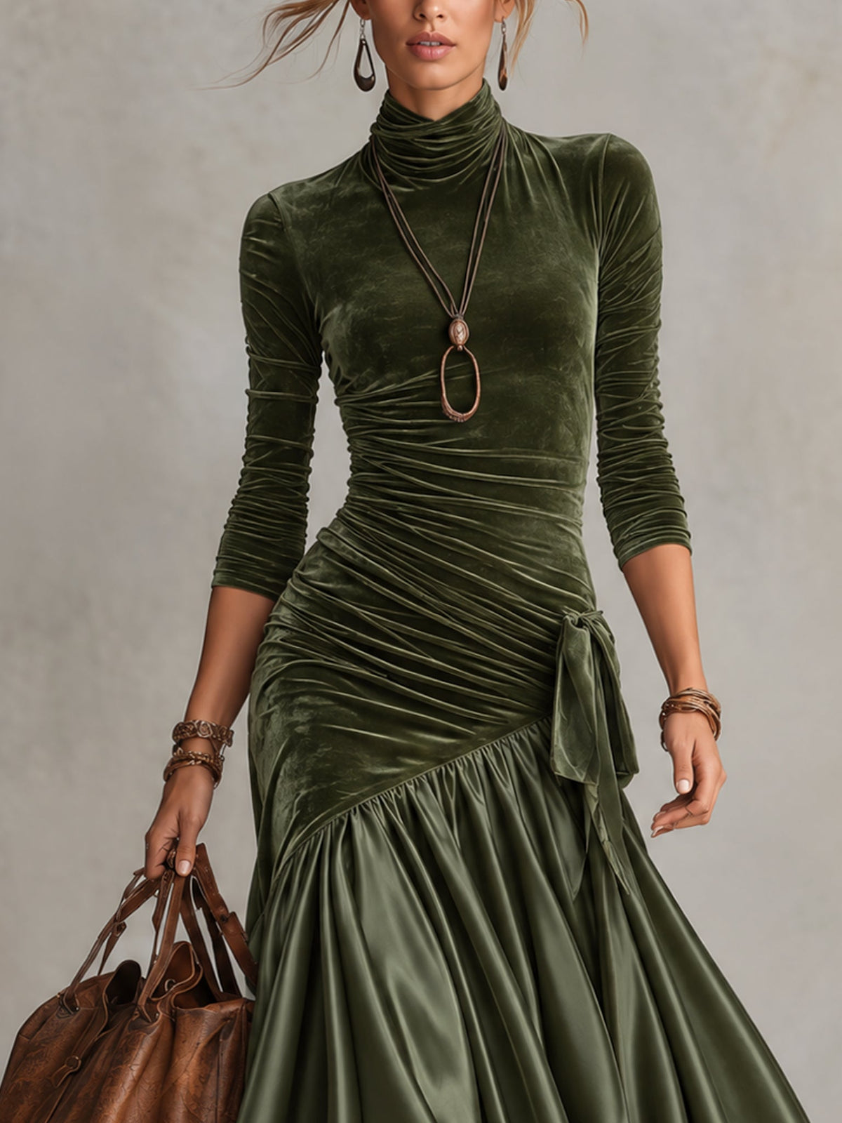 Sabina | Long Olive Green Dress with Scalloped Hem