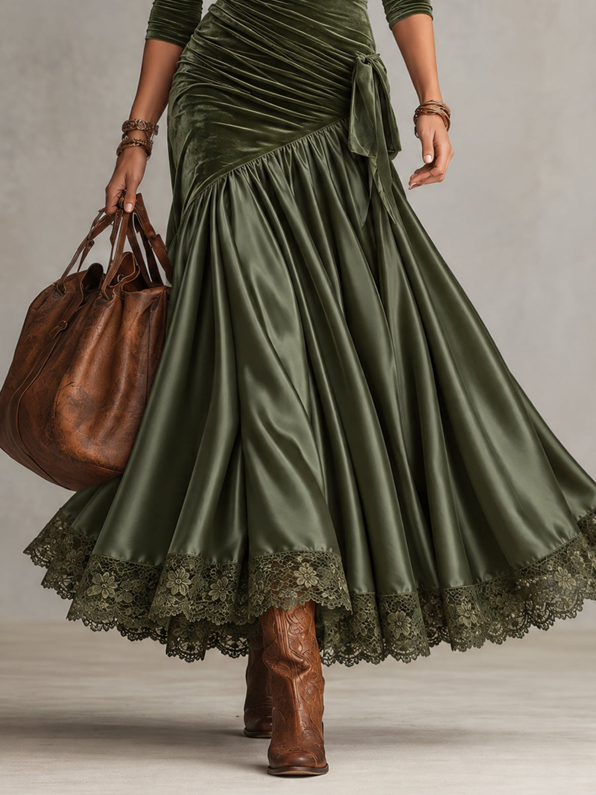 Sabina | Long Olive Green Dress with Scalloped Hem