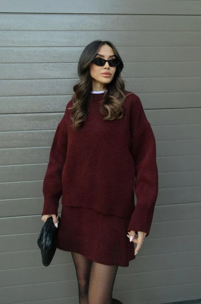 Beatrice two-piece sweater and skirt in Burgundy