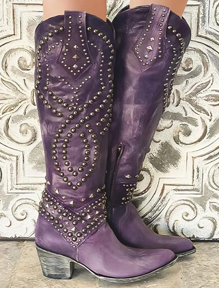 Rufa | Studded Western Knee-High Boots in Purple