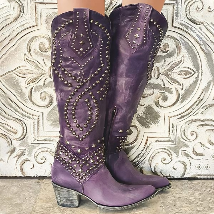Rufa | Studded Western Knee-High Boots in Purple