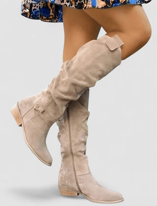 Harper Knee-High Slouch Boots with Low Heel in beige