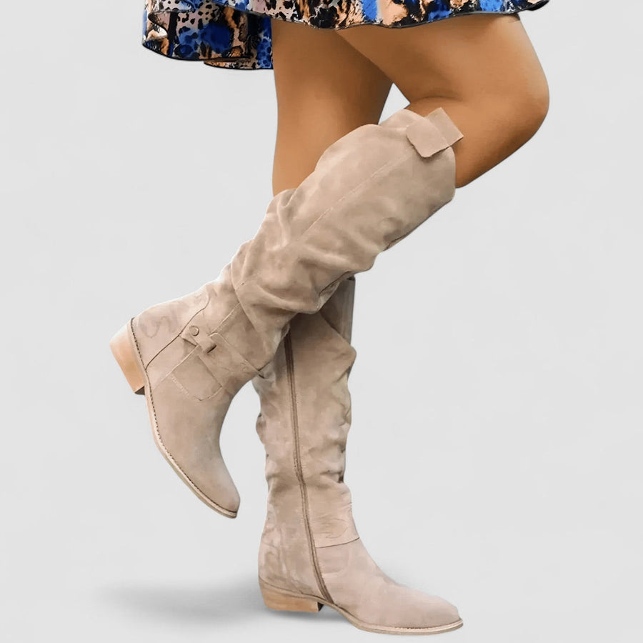 Harper Knee-High Slouch Boots with Low Heel in beige
