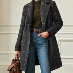 Cecile | Elegant Long Plaid Coat - Gray