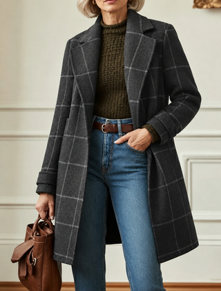 Cecile | Elegant Long Plaid Coat - Gray