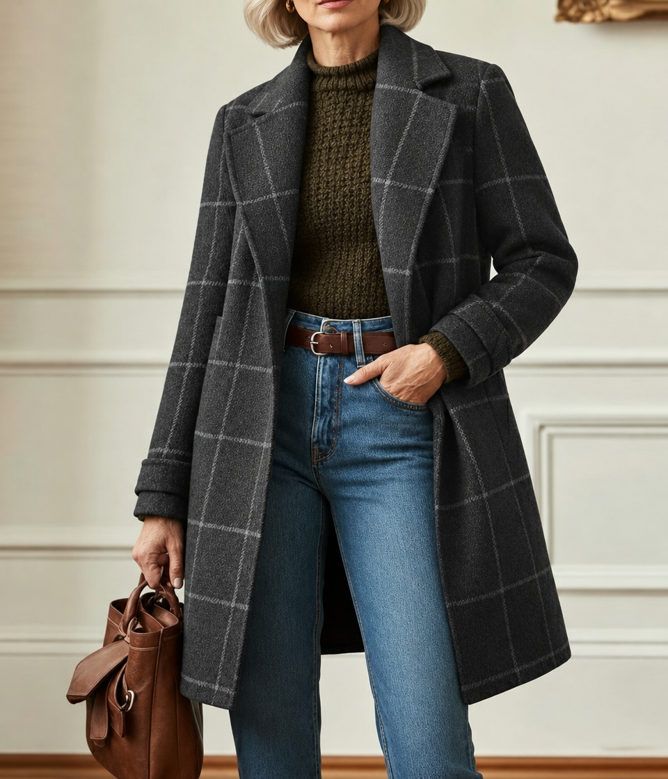 Cecile | Elegant Long Plaid Coat - Gray