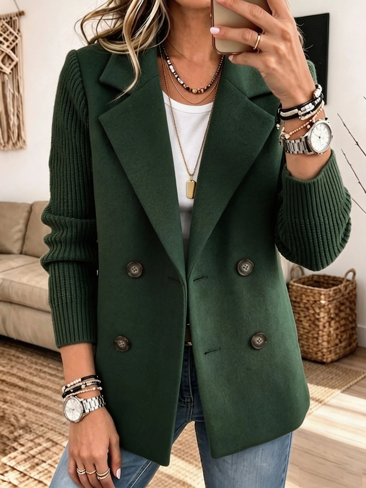 Carla double-breasted blazer with ribbed sleeves in Green