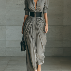 Cornelia | Long Pleated Dress with Lapel Collar in Gray