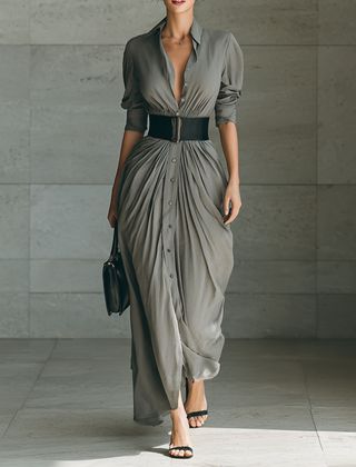 Cornelia | Long Pleated Dress with Lapel Collar in Gray