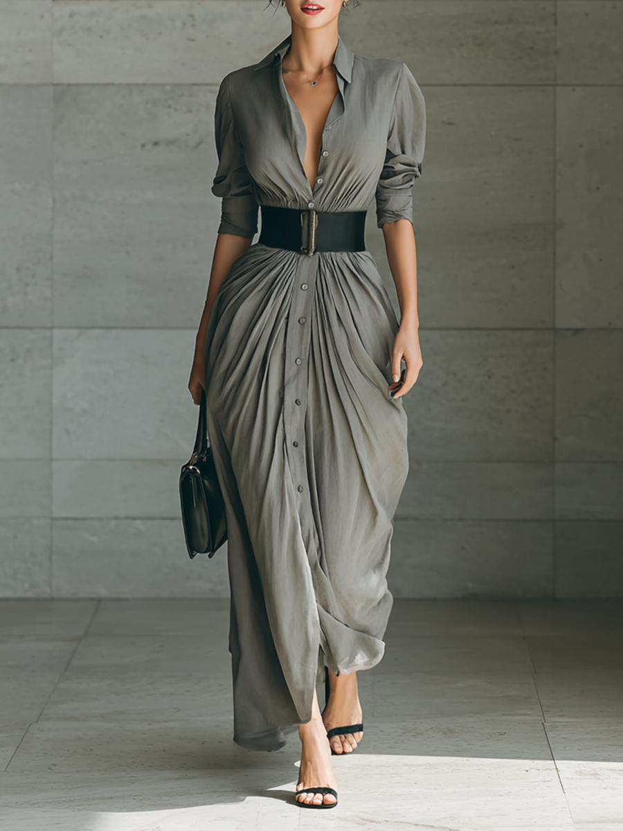 Cornelia | Long Pleated Dress with Lapel Collar in Gray