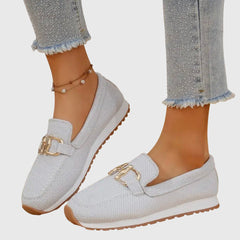 Lydia Slip-On Loafers with Gold Buckle in white
