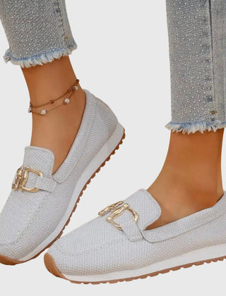 Lydia Slip-On Loafers with Gold Buckle in white