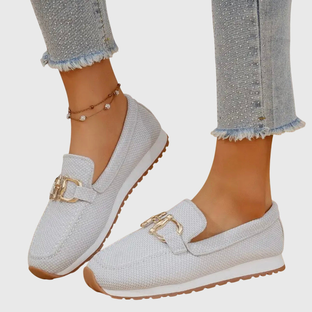 Lydia Slip-On Loafers with Gold Buckle in white