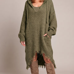 Elena hooded dress in army green, front view