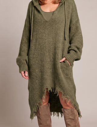 Elena hooded dress in army green, front view