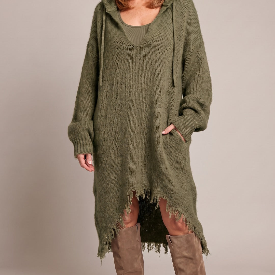 Elena hooded dress in army green, front view