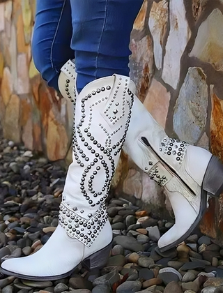 Rufa | Studded Western Knee-High Boots in White