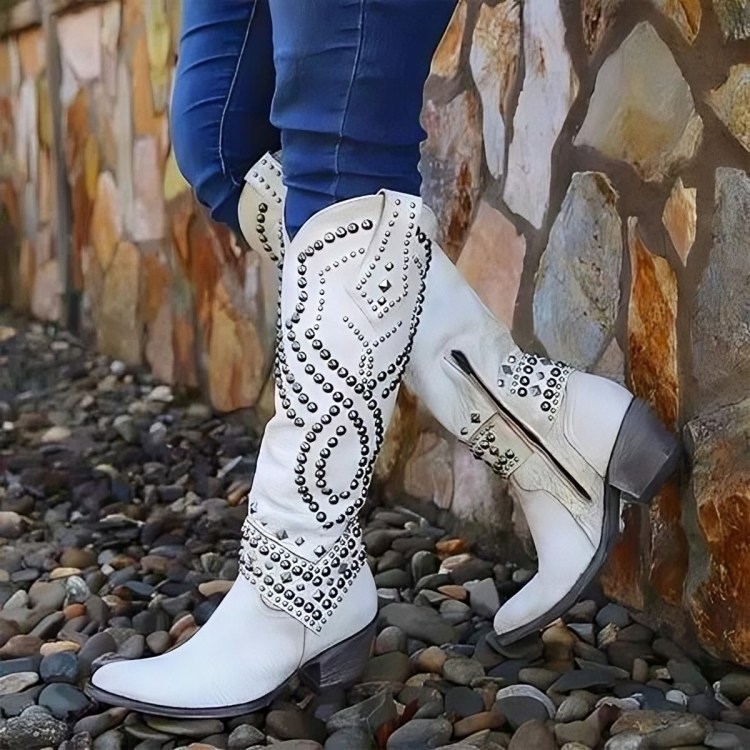 Rufa | Studded Western Knee-High Boots in White