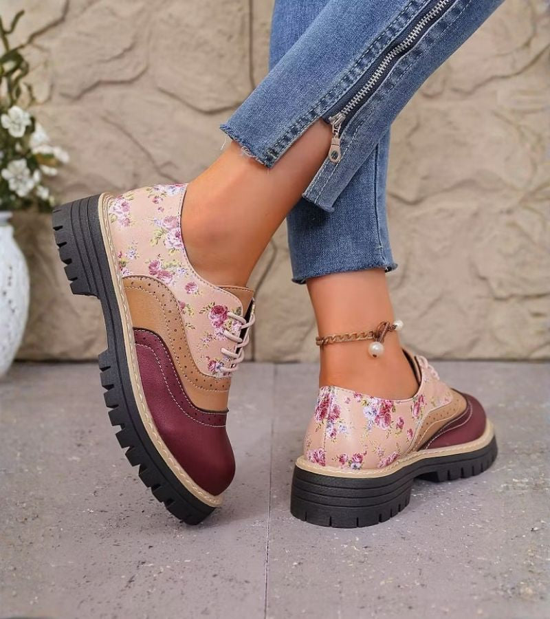Rosette oxfords in burgundy worn with jeans