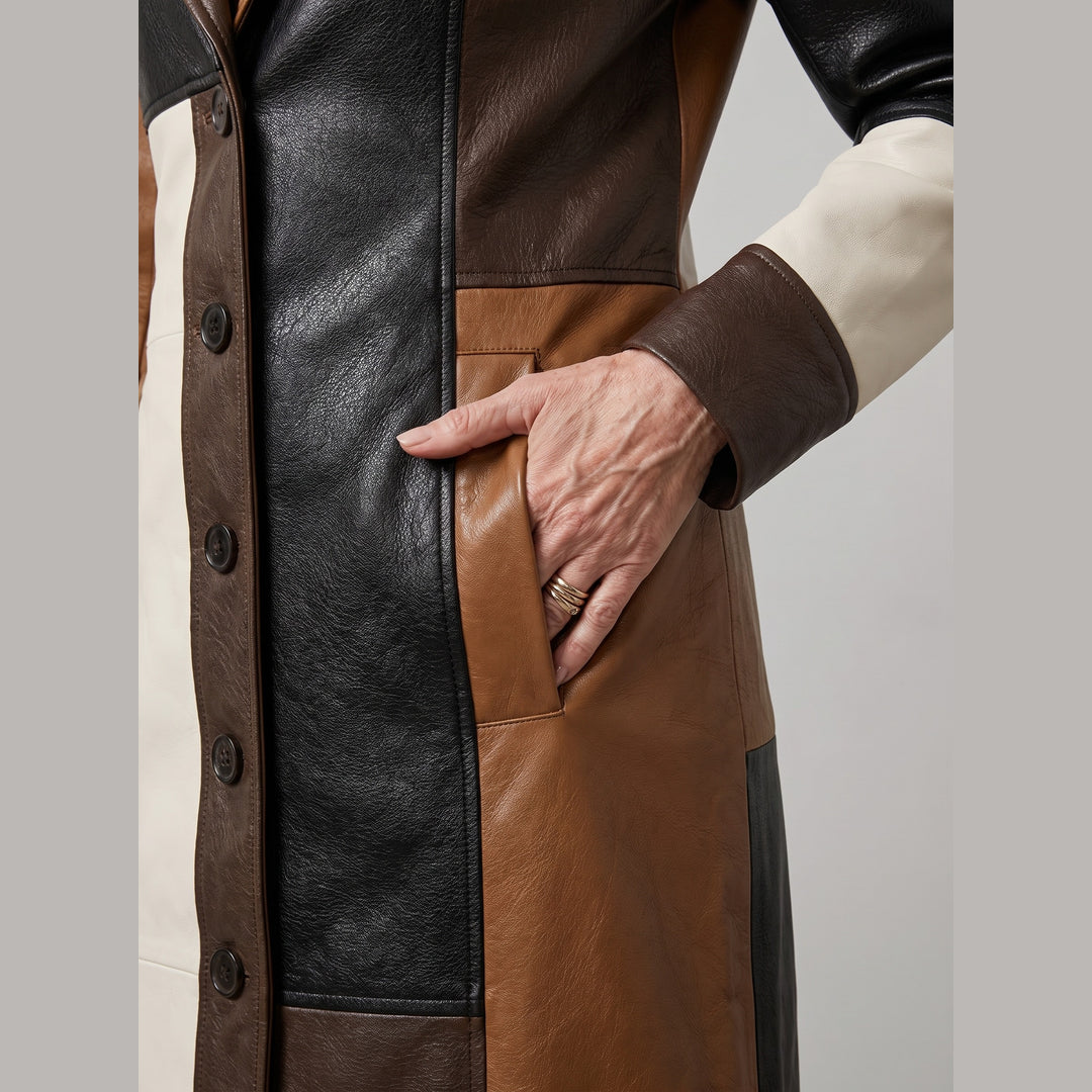 Nadia Patchwork Long Coat, close-up of the patchwork and pocket