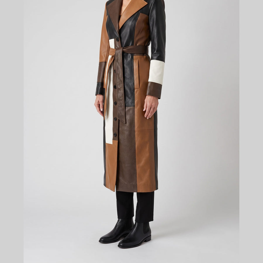 Nadia Patchwork Long Coat, belted, side view