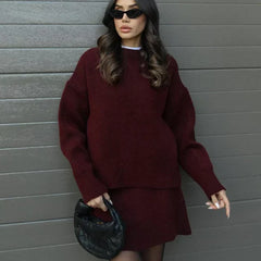 Beatrice two-piece sweater and skirt in Burgundy, front view