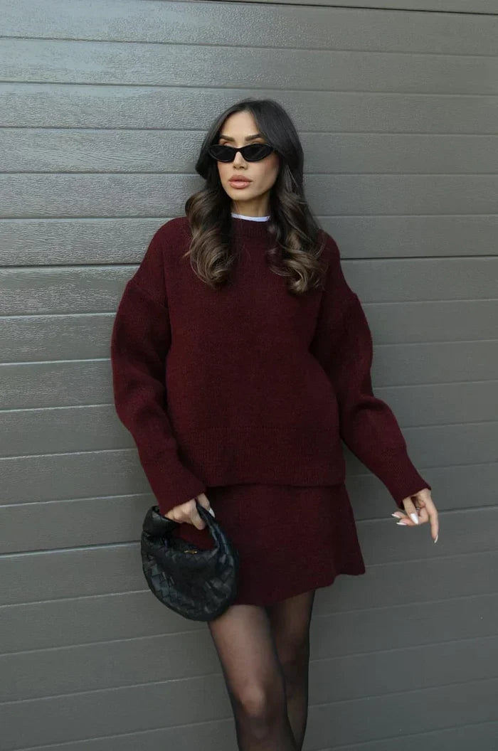 Beatrice two-piece sweater and skirt in Burgundy, front view