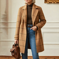 Cecile | Elegant Long Plaid Coat - Camel