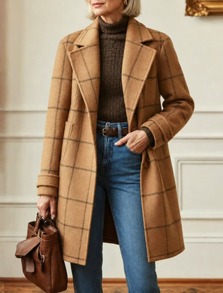 Cecile | Elegant Long Plaid Coat - Camel