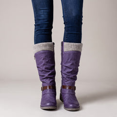 Greta boots in purple, worn with jeans