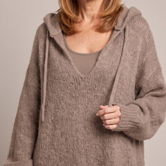 Elena hooded dress in taupe, close-up of the hood and neckline