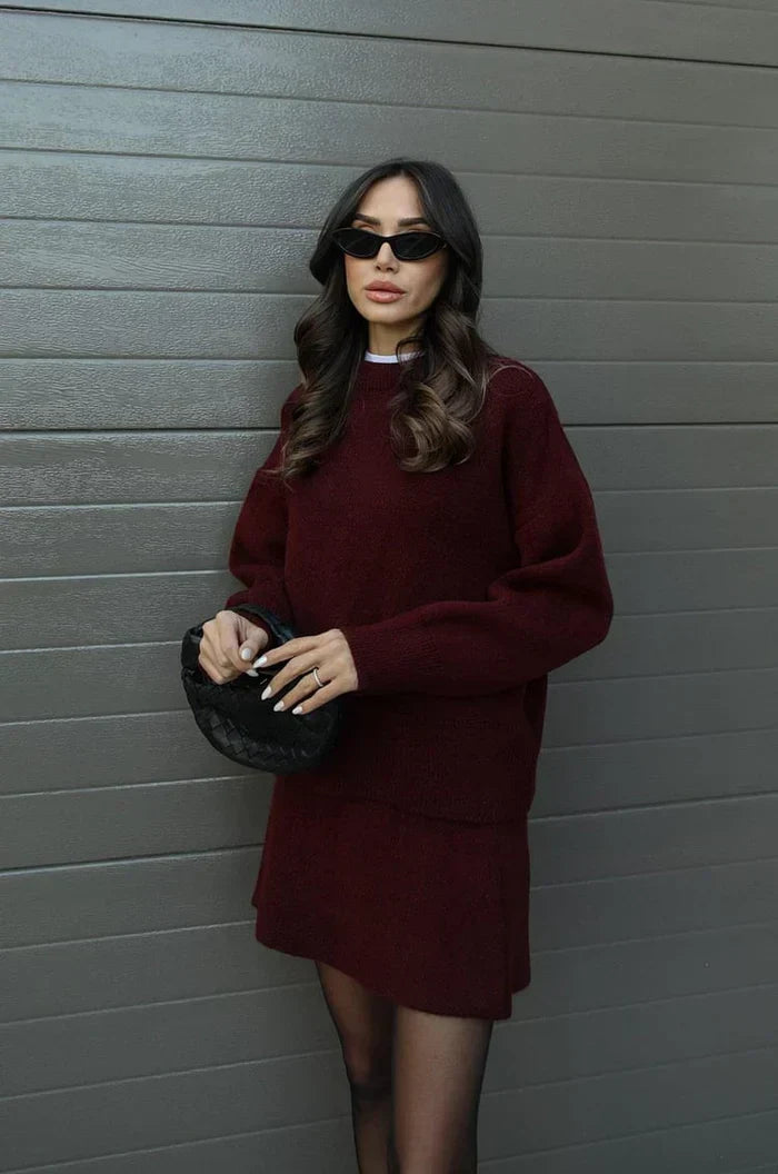 Beatrice two-piece sweater and skirt in Burgundy, side view